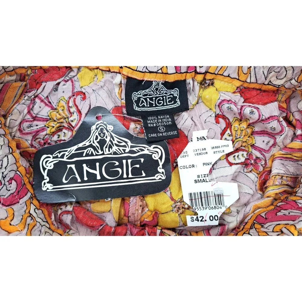 Angie Paper Bag Shorts Pink Yellow Women Small Retro Tie Belt Flower Power New - Picture 3 of 5